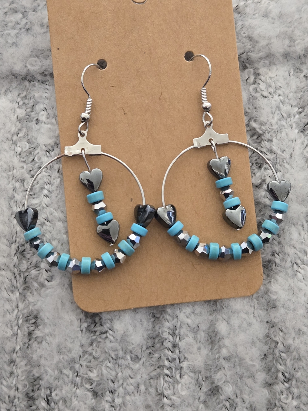 Turquoise Heart Hoop Earrings with Hematite Accents - Women Jewelry